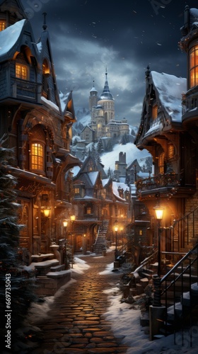 view of the old town country, winter wonderland village with snow and lanterns, generative ai © TheGoldTiger