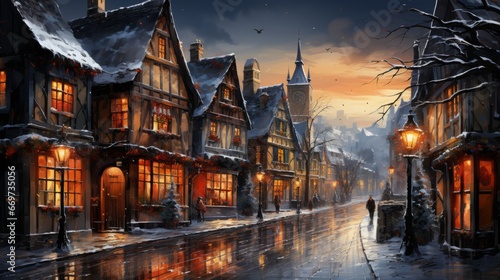 view of the old town country, winter wonderland village with snow and lanterns, generative ai