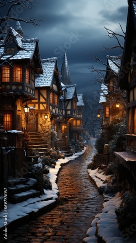 view of the old town country, winter wonderland village with snow and lanterns, generative ai © TheGoldTiger