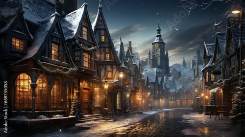 view of the old town country  winter wonderland village with snow and lanterns  generative ai