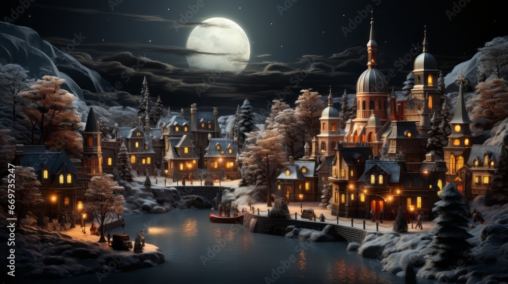 view of the city, christmas village in warm light and with snow, generative ai