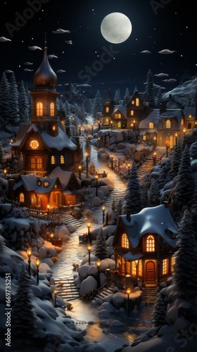 view of the city, christmas village in warm light and with snow, generative ai