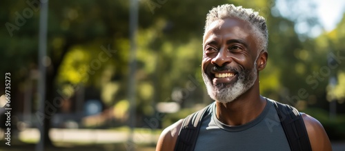 Elderly man improves fitness outdoors by stretching and smiling during summer workouts