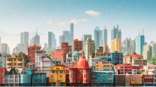 An array of colorful buildings dot the skyline of a bustling city, the sun shining down on the busy streets