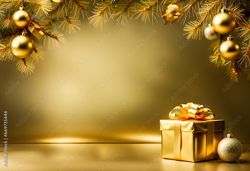 wrapped gold christmas gift parcel under a tree decorated with matching golden baubles