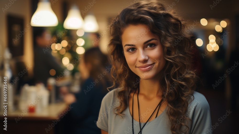 portrait of a business woman, positive american nurse woman standing in Christmas decorated hospital, generative ai portrait of a business woman, positive american nurse woman standing in Christmas decorated hospital, generative ai