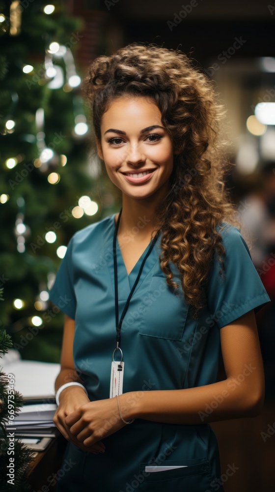 portrait of a business woman, positive american nurse woman standing in Christmas decorated hospital, generative ai portrait of a business woman, positive american nurse woman standing in Christmas decorated hospital, generative ai
