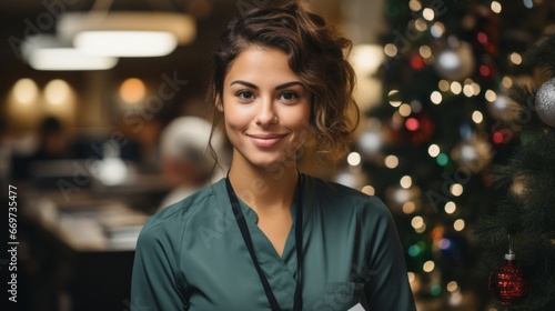 portrait of a business woman, positive american nurse woman standing in Christmas decorated hospital, generative ai photo