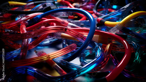 An array of colorful cables snakes its way across the floor, connecting a variety of technological devices