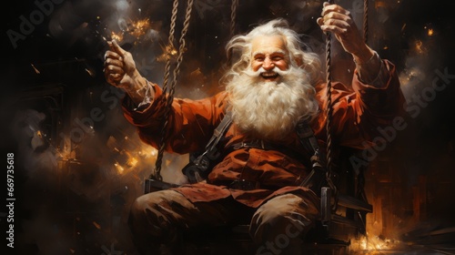 christmas decoration, Santa Claus swinging on a swing in forest, generative ai © TheGoldTiger