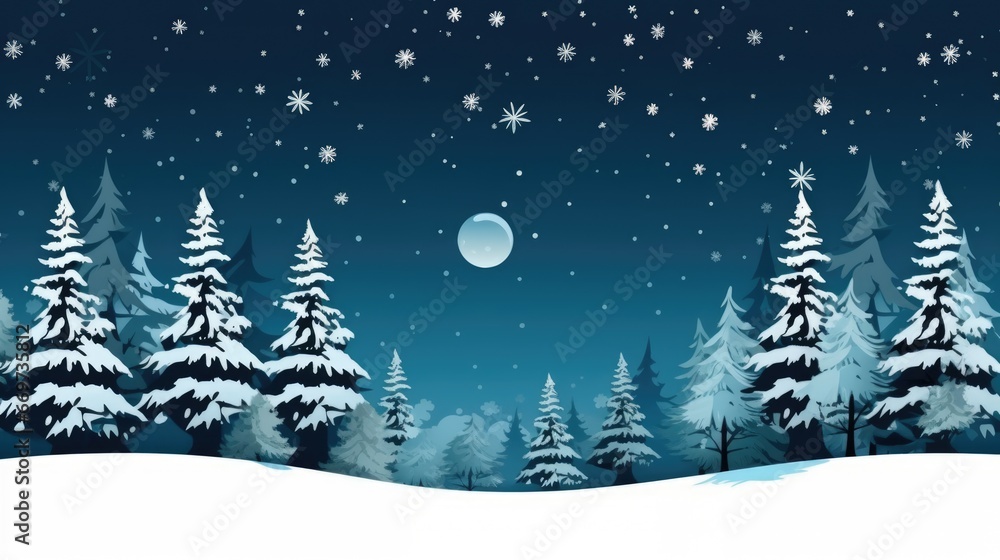 Fototapeta premium Night dark Forest winter landscape with fir trees on starry sky background. Moody botanical atmosphere illustration. Dreamy wallpaper for Christmas or New Year greetings.