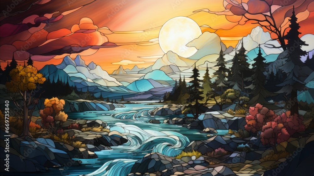 Fototapeta premium sunset in the mountains, simple stained glass window with landscape, generative ai
