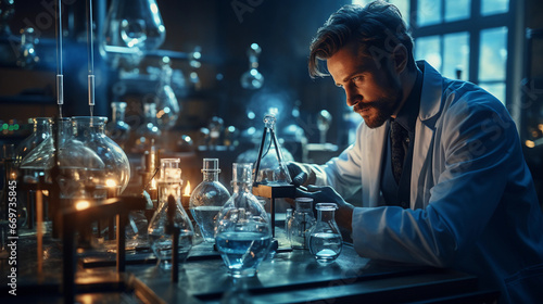 A focused scientist in a laboratory, wearing a lab coat and conducting experiments with scientific equipment