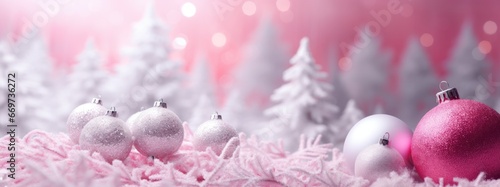 Pinkmas concept. Pink Christmas tree branches decorated with ornaments in pink color. Merry Xmas, Happy New Year 2024 in trendy colors. Vibrant colorful background for cards, invitations, greetings. photo