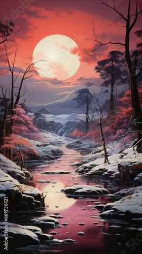 sunset in the mountains  winter sunrise in snowy mountains  generative ai