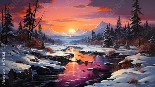 sunset in the mountains, winter sunrise in snowy mountains, generative ai