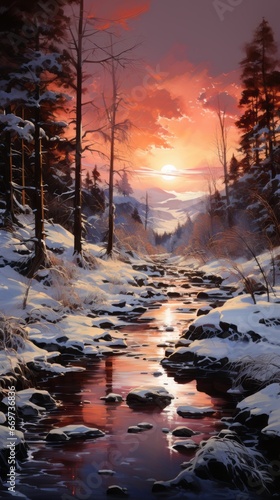 sunset in the mountains, winter sunrise in snowy mountains, generative ai