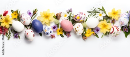 Decorated spring flowers on a white background for Easter