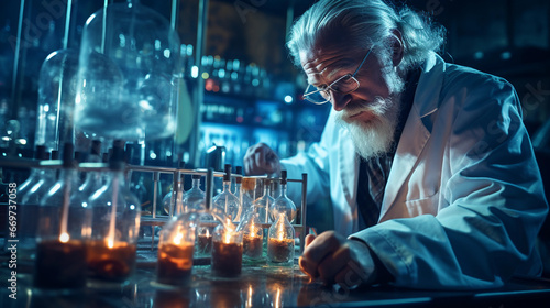 A focused scientist in a laboratory, wearing a lab coat and conducting experiments with scientific equipment