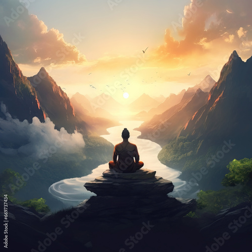 Young meditating at dawn on a mountain with panoramic views to improve her anxiety and stress levels and improve her concentration 