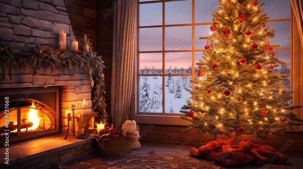 Cozy living room with fireplace with christmas tree and decorations. Christmas Background
