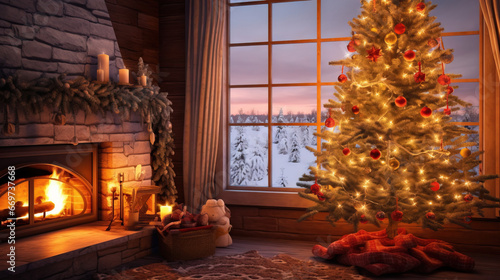 Cozy living room with fireplace with christmas tree and decorations. Christmas Background