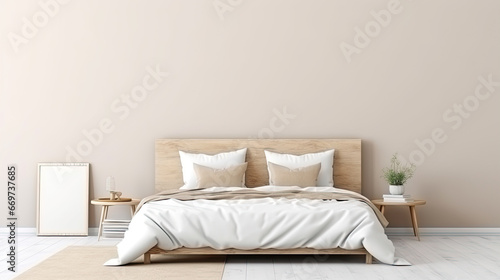 Modern beige bedroom with empty whate wall for mockups. Wooden double bed with pillows, cozy furniture. Room interior with copyspace.