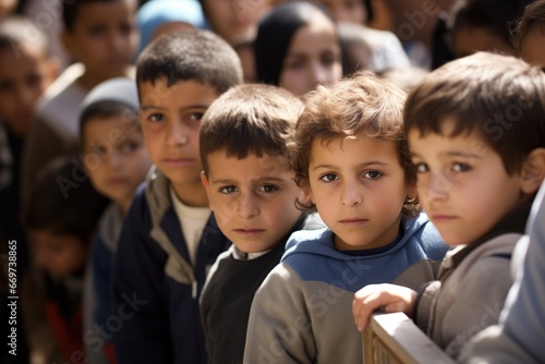 Sad serious middle eastern poor little children looking at the camera 