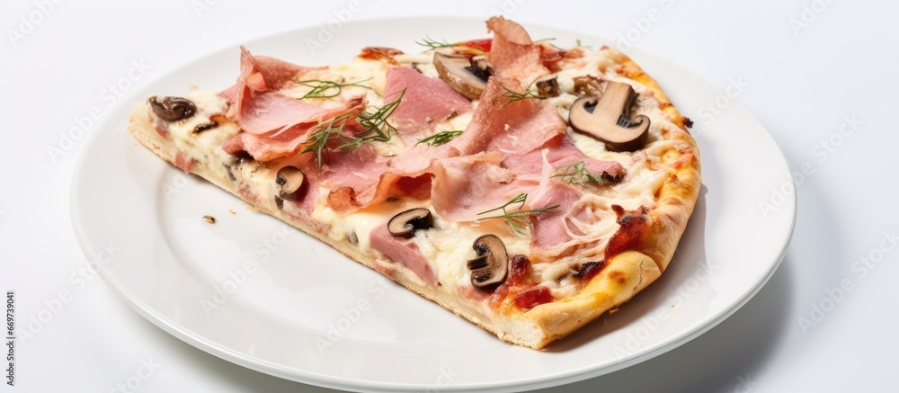 Partial consumption of pizza with ham and mushrooms highlighted focus Partial consumption of pizza with ham and mushrooms highlighted focus