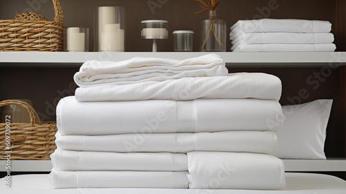 Tidy stacks of white linens including bed sheets towels and other necessary items in hospitalityTidy 