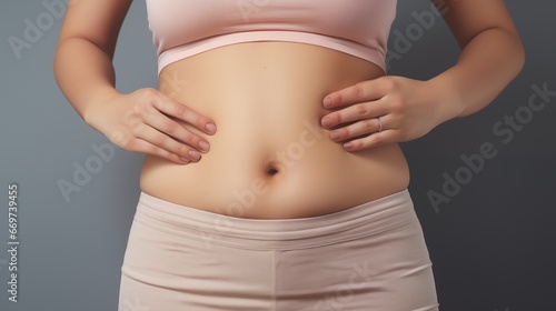 Close up woman touching her stomach. Fat, lose weight concept.