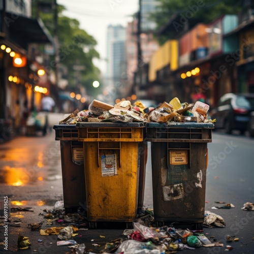 Trash cans in big cities, organic waste and non-organic waste with different colors. Good to use for environmentalists, blogs, websites, advertisements etc. Generative Ai Image
