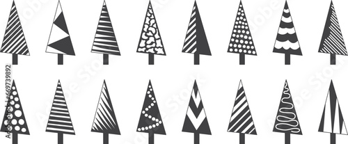 Christmas tree, fir and pine doodle, xmas sketch vector icon, New Year hand drawn set isolated on white background. Modern holiday illustration