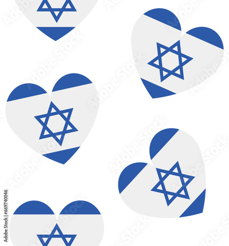 Vector seamless pattern of flat Israel flag heart isolated on white background