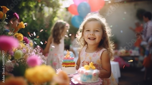 Adorable little girl celebrating her first birthday with her friends in the garden