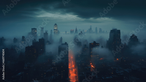 Aerial view of city covered with fog and low clouds at night