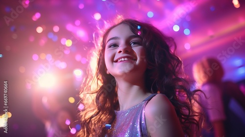 Portrait of a beautiful girl dancing in a nightclub with confetti