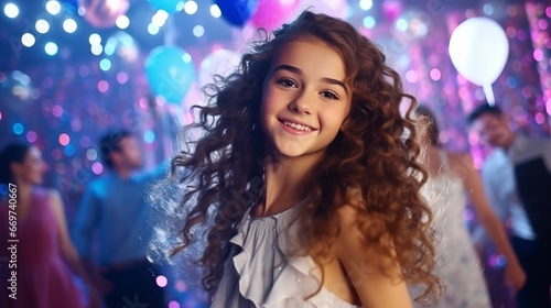 Portrait of a beautiful young woman with curly hair dancing at a party