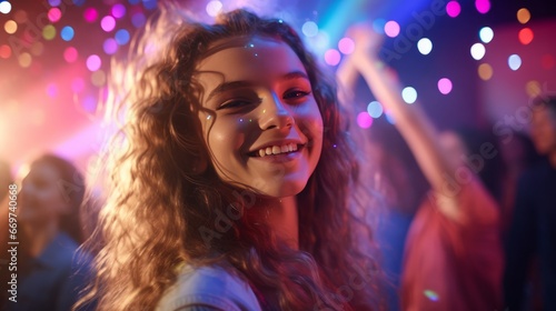 Portrait of smiling girl dancing at nightclub with disco lights on background