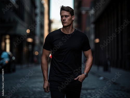 Explore urban fitness with a model in a black shirt. Captured in a rounded, eye-catching style with wimmelbilder elements. © Alex
