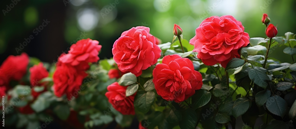 Blooming red roses in the garden in spring Blooming red roses in the garden in spring