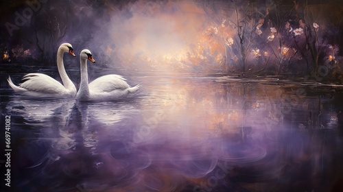 Fototapeta Naklejka Na Ścianę i Meble -  swans on the lake purple oil painting