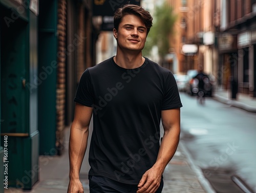 Explore urban fitness with a model in a black shirt. Captured in a rounded, eye-catching style with wimmelbilder elements. photo