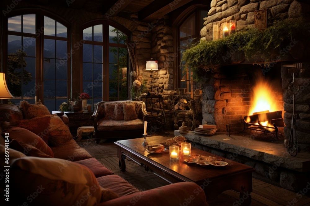 Cozy lounge with romantic fireplace. Generative AI