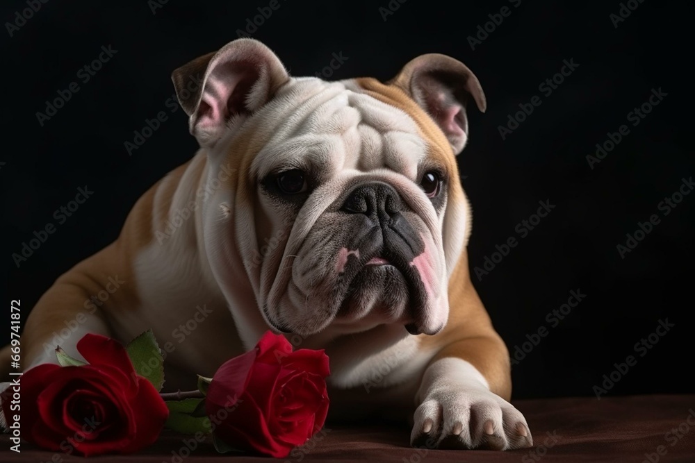 Cute bulldog with rose. Generative AI