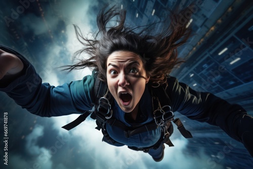 Hispanic Female Parachute Jumper Freefalling Setting Generative AI