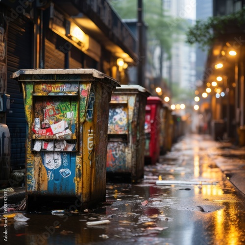 Trash cans in big cities, organic waste and non-organic waste with different colors. Good to use for environmentalists, blogs, websites, advertisements etc. Generative Ai Image © callmeers