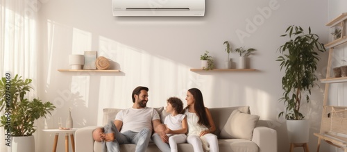 Contented family relaxing under AC unit on neutral wall at residence