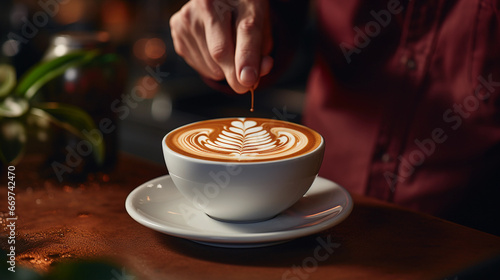 A cheerful barista in a coffee shop, skillfully crafting a latte art design on a freshly brewed cappuccino