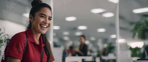 A young mexican community manager wearing a red polo shirt in a well illuminated white office, laugh photo